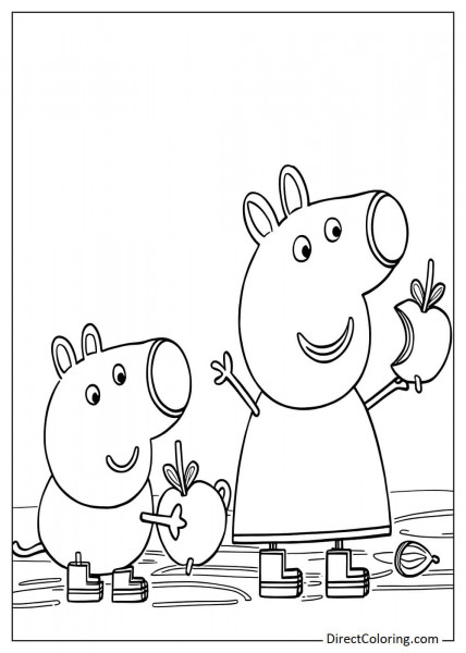 Peppa Pig and George eating apples coloring page