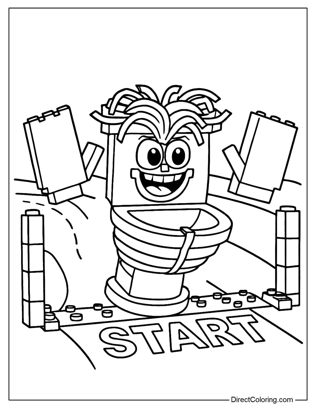 Spaghetti Tualetti coloring page in a race track, lego game landscape.