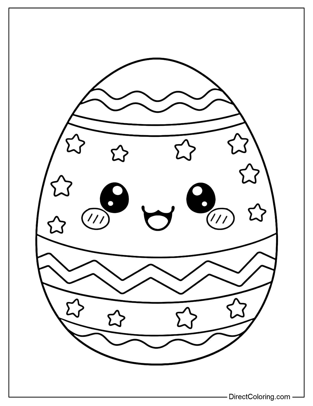 An Easter egg coloring page featuring a cute smiley face, stripes, and small stars.