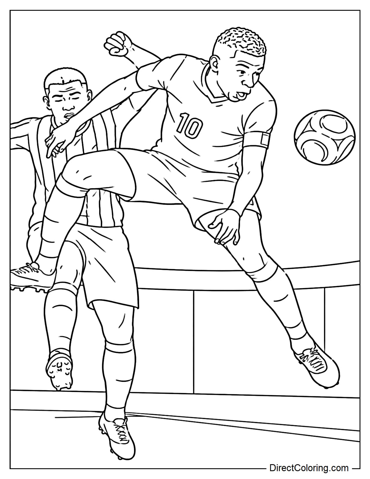 Kylian Mbappé, wearing a number 10 football jersey, is jumping for the ball on the field, with an opposing player behind him.