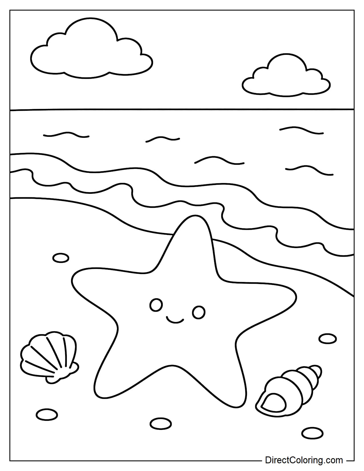 A large starfish lying on the sand next to gently curved ocean waves.