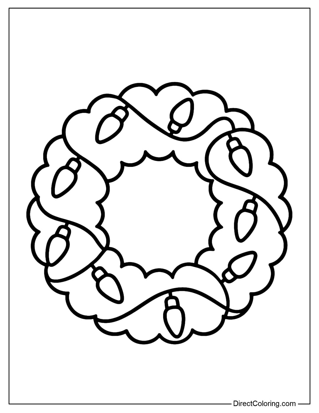 A wreath coloring page made from a string of Christmas lights wrapped around it.
