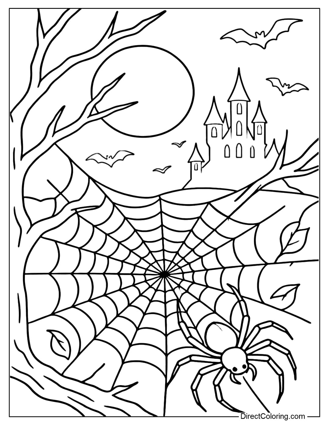 A spider coloring page spinning a web on a dry tree branch under the full moon, in the distance is the silhouette of a haunted castle.