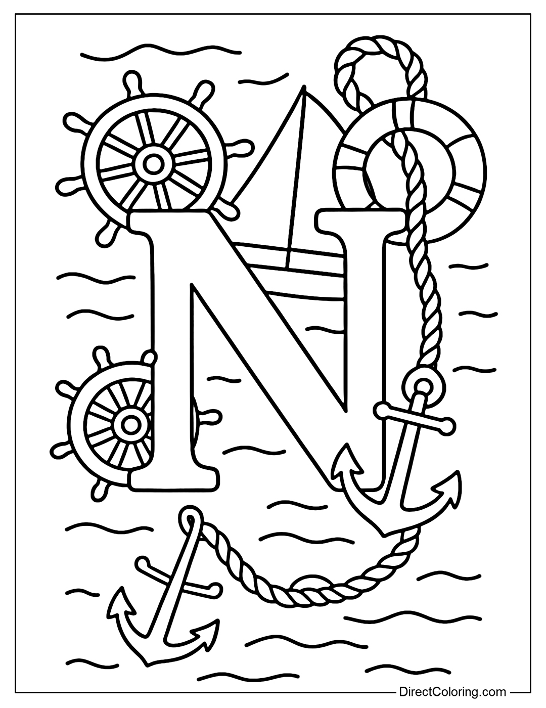 The letter N coloring page is set in a nautical setting with a rudder, anchor, rope and buoy hanging next to it. There is a miniature sail tilted behind the letter, with gentle ocean waves in the background.