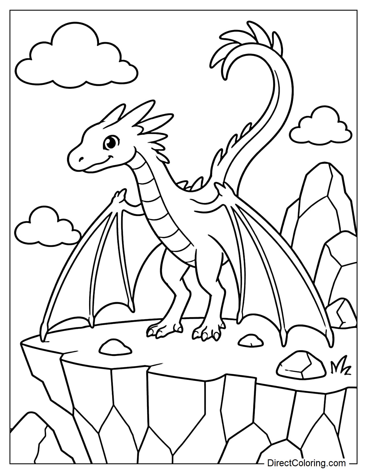 A wyvern is landing on the edge of a cliff, with its two back legs standing firmly and its two large wings lowered close to the ground. Around it are a few soft clouds and large rocks.