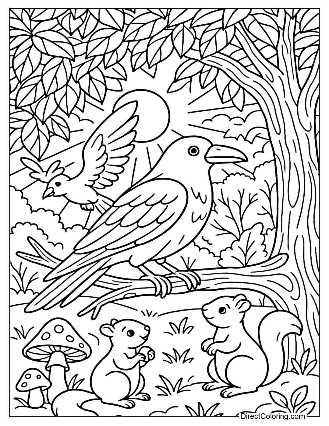 A crow coloring page perched on a leafy old tree branch, sunlight filtering through the canopy, surrounded by forest mushrooms and a few cute little squirrels.