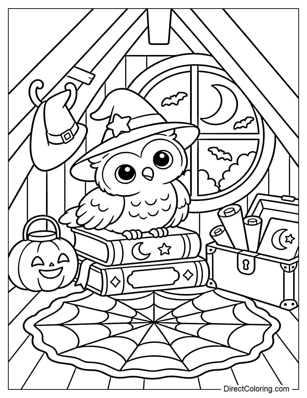 A small owl perches on a stack of large spellbooks set on a spiderweb rug inside a tiny attic. Behind it is a round window with a crescent moon and distant bats, while a small pumpkin lamp, a wooden chest with scrolls, and a witch hat on a wall hook complete the cozy scene.