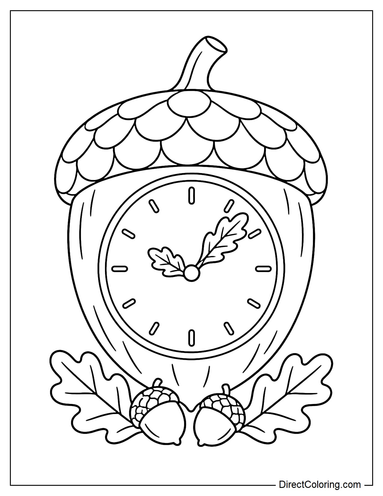 A giant acorn transformed into a clock, with a large round clock face on its body, simple hour marks, and two clock hands shaped like small oak leaves. Two small acorns and two large oak leaves rest at the base.