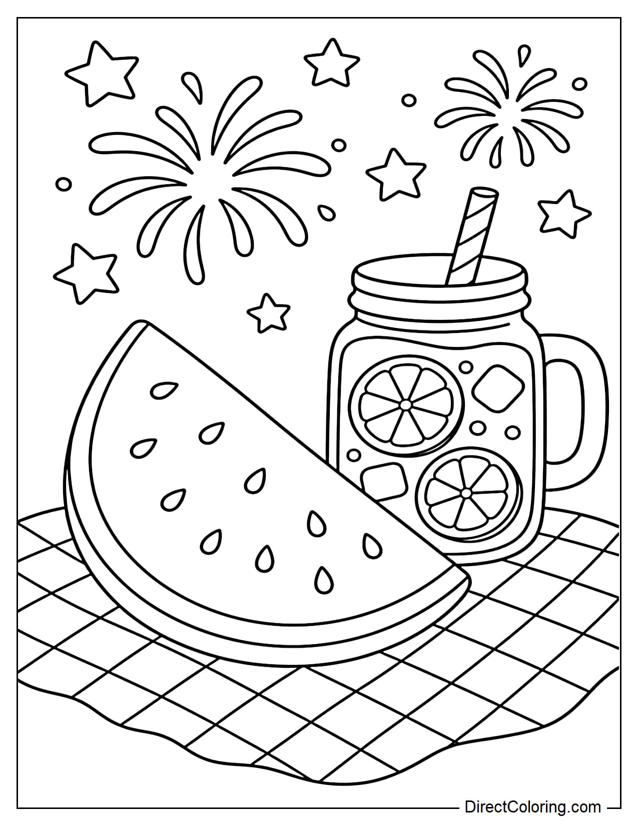 A large slice of watermelon and a pitcher of lemonade sit on a checkered picnic blanket, surrounded by stars and fireworks.