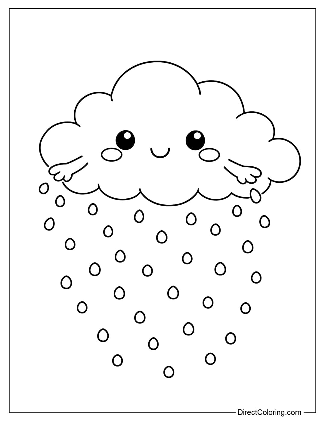 A cute cloud creating rain with small round raindrops falling.