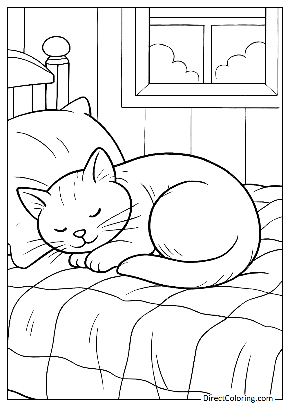 Cat sleeping in a cozy bed coloring sheet