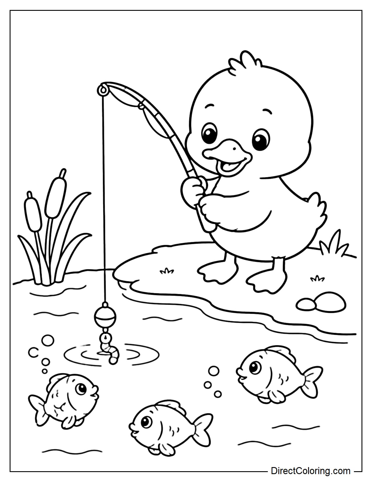 A duckling holds a small fishing rod on the edge of a pond, with a few fish swimming near the bait.