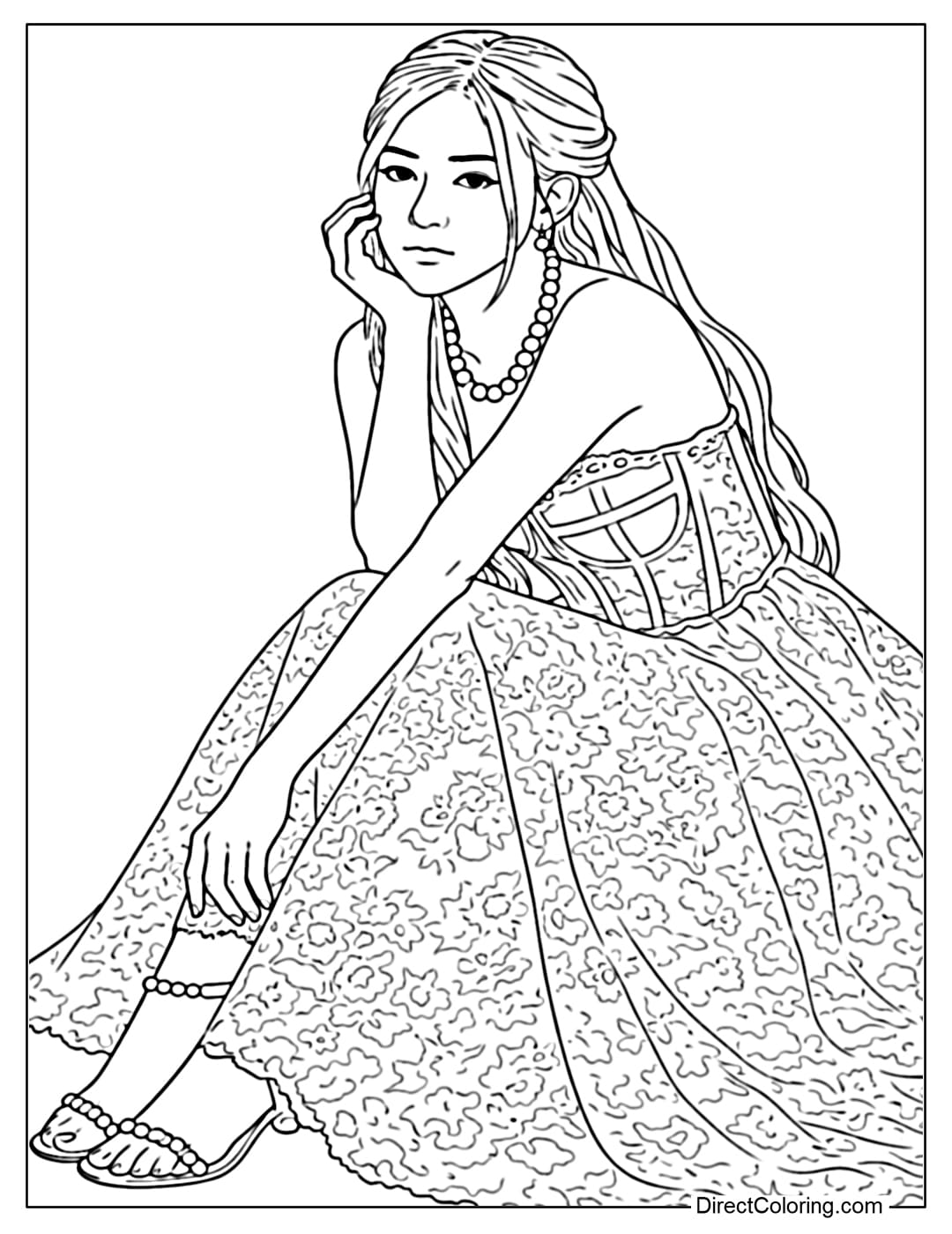 A coloring page of Rosé Blackpink with a sophisticated and romantic beauty. She wears a strapless dress with a wide, flared skirt printed with small floral patterns.