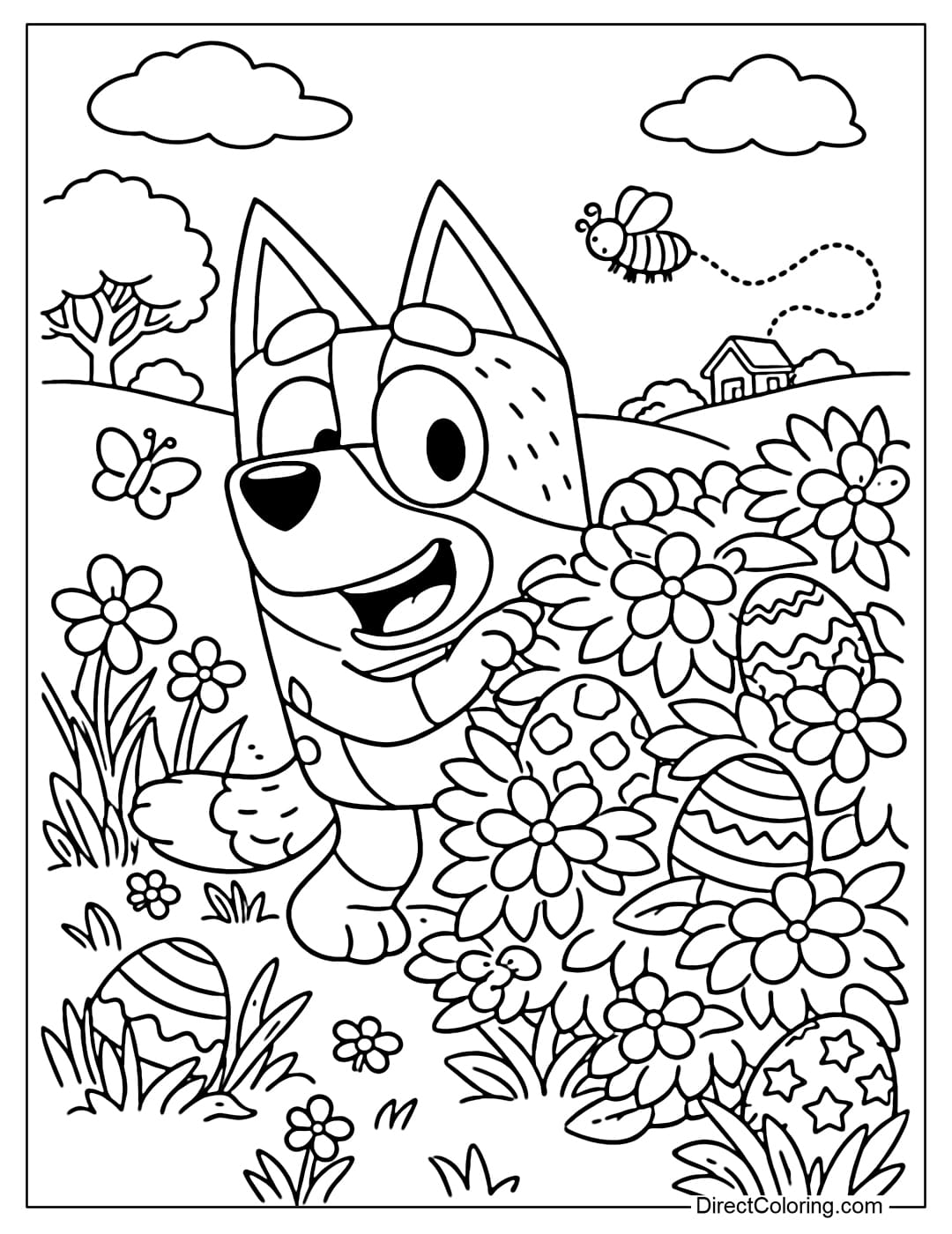 Coloring page of Bluey exploring a spring garden with Easter eggs hidden among the flowers.