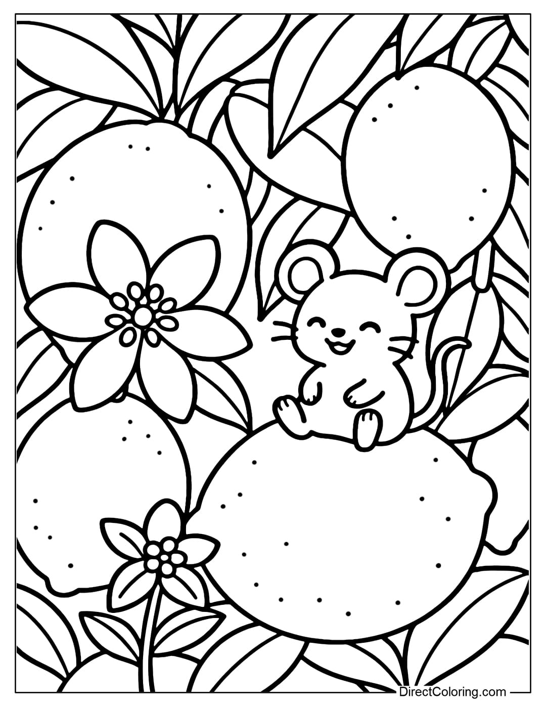 A giant lemon garden coloring page. A tiny mouse sits on the fruit and smiles happily.