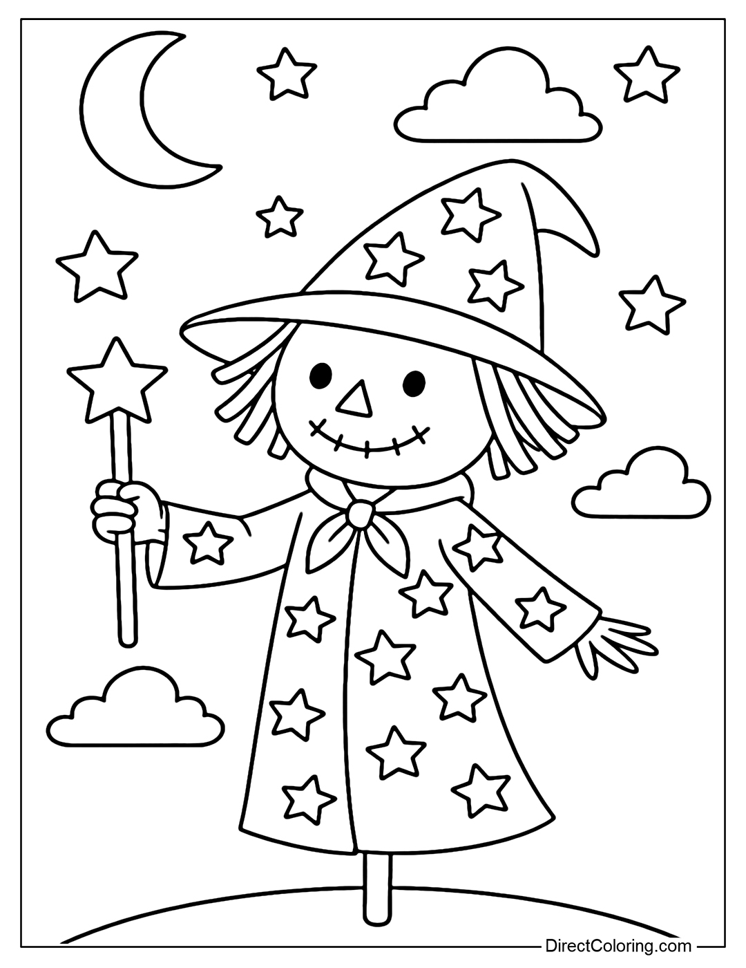 Wizard Scarecrow Coloring Page, long star-printed robe, holding a magic wand, night sky background.