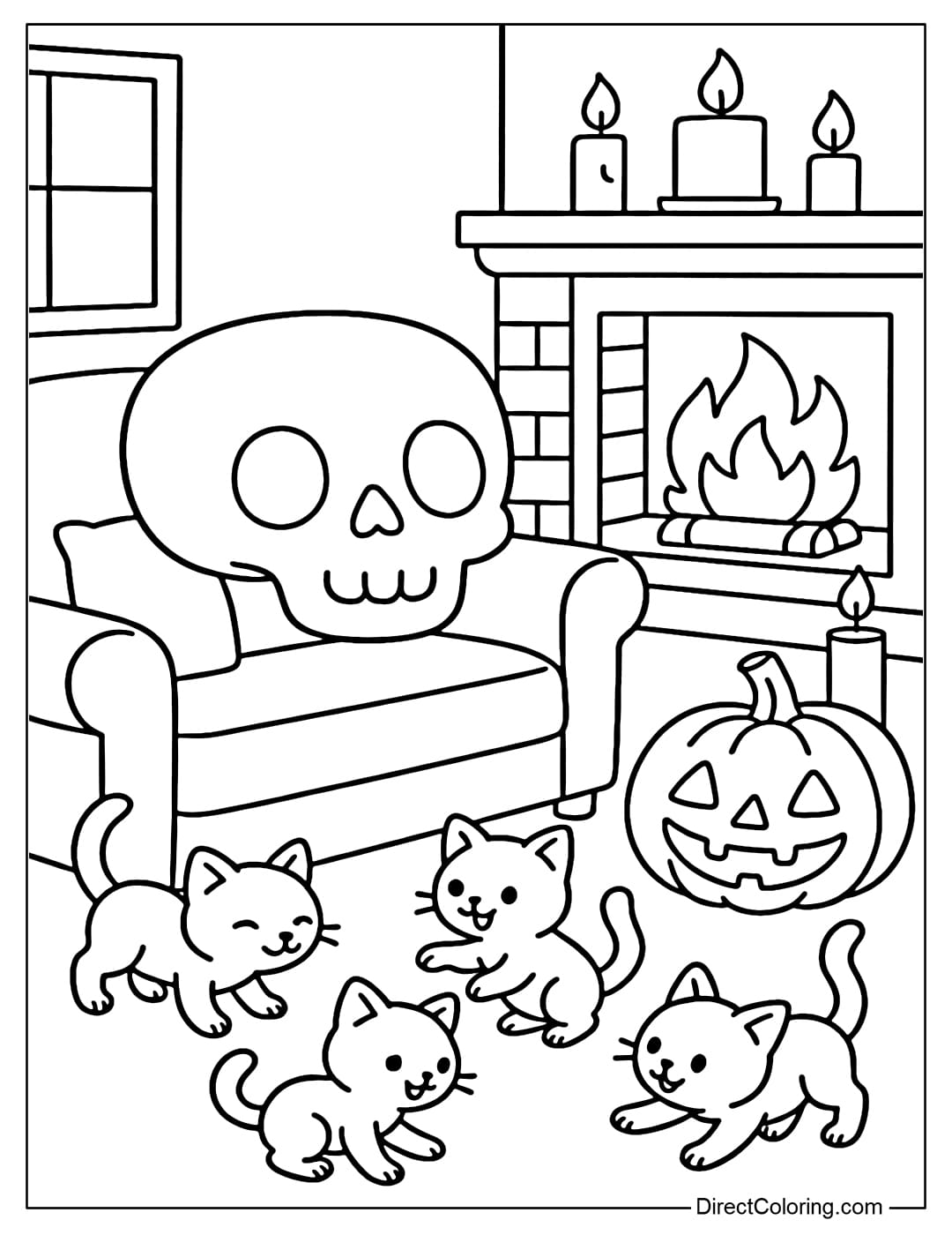 A cute skull coloring page sitting on the sofa in the living room, surrounded by a warm fireplace,