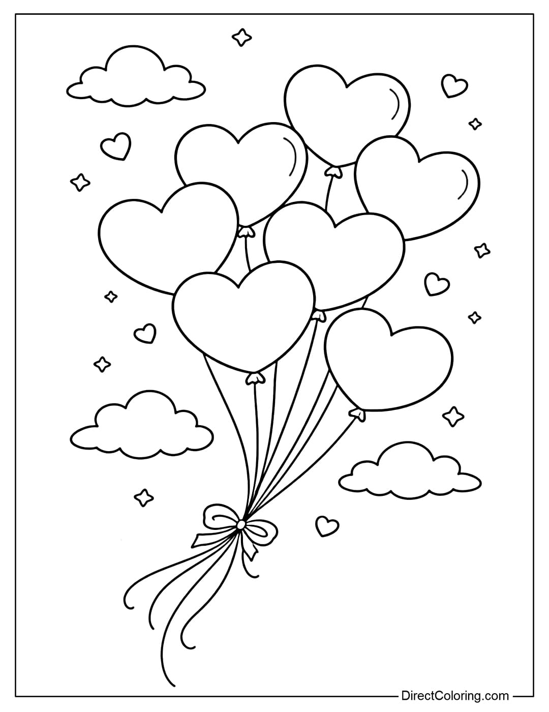 A coloring page featuring a cluster of heart-shaped balloons floating in the sky.