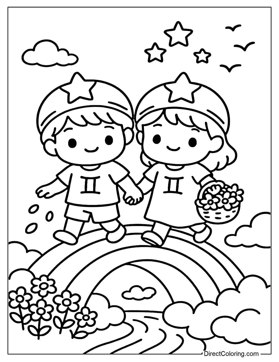 A lovely Gemini coloring page wearing a pair of shirts with the Gemini symbol printed on them, wearing similar star-shaped hats. The two children hold hands and walk on a rounded rainbow bridge across the sky.