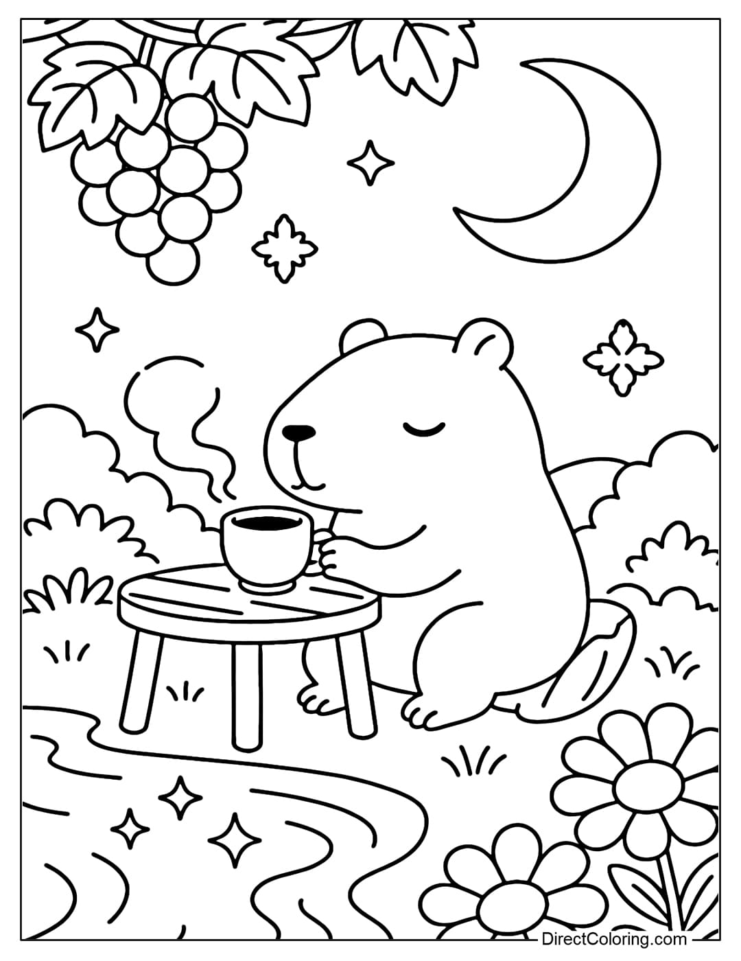 A capybara sitting at a small wooden table by the stream, enjoying a cup of hot tea. Above is a vine with a bunch of bright fruits like a lantern.
