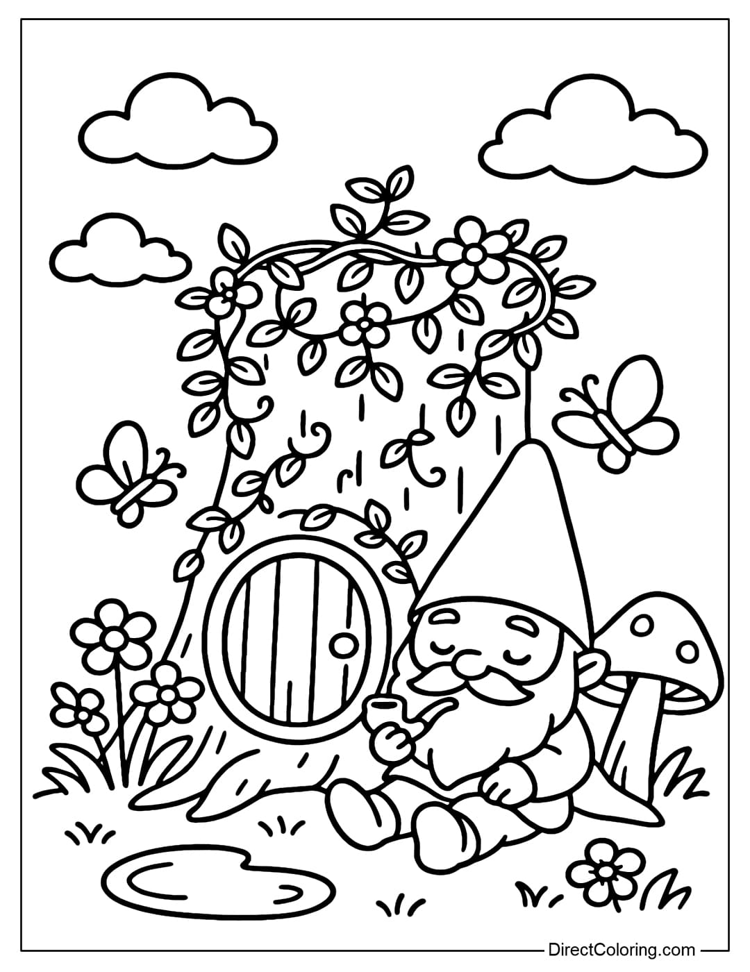 Gnome Resting Stump Coloring Page A tree stump coloring page with a round wooden door. A small gnome wearing a pointed hat and a long beard is leaning against the tree stump