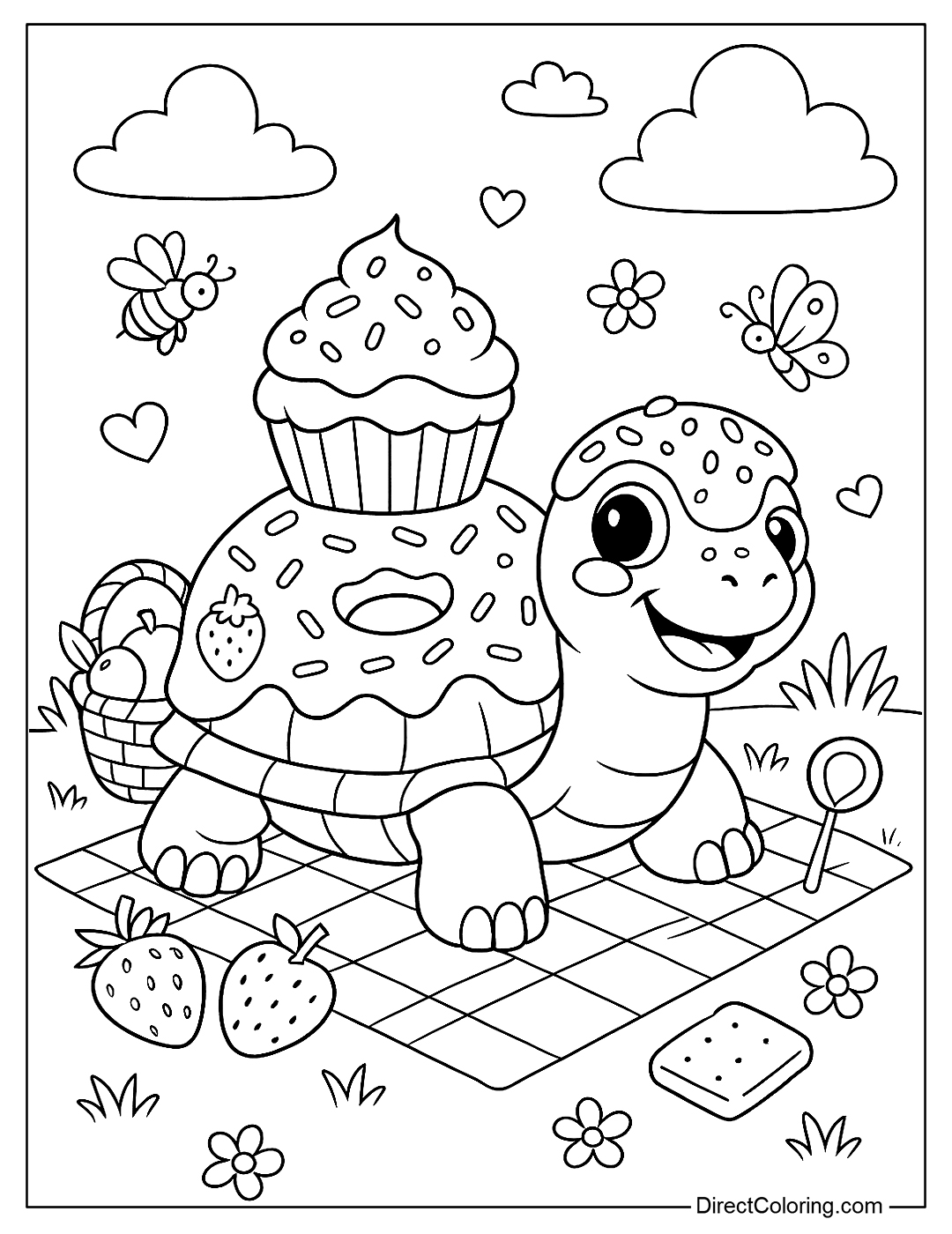A coloring page of a turtle with a shell made of a donut covered in strawberry cream and sprinkled with cute colored sprinkles. On the turtle's head is a layer of melted cream and colorful rice flakes.
