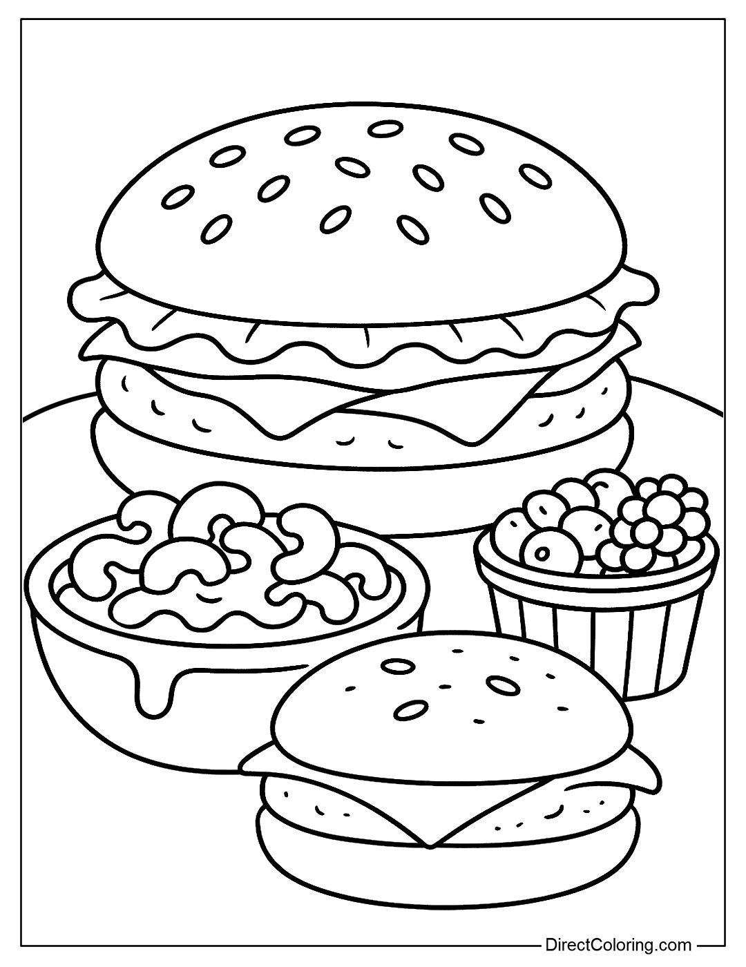 Coloring page of a hamburger with a bowl of creamy macaroni and cheese and a small fruit cup