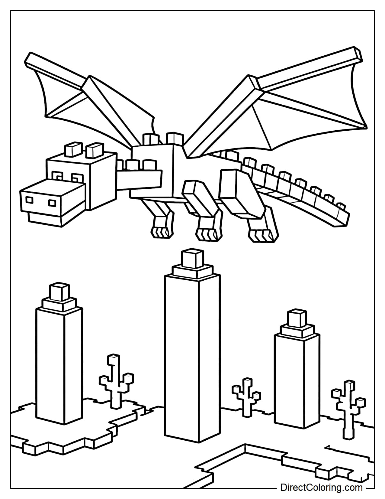 The Ender Dragon flies through the air above several large stone pillars in the End.