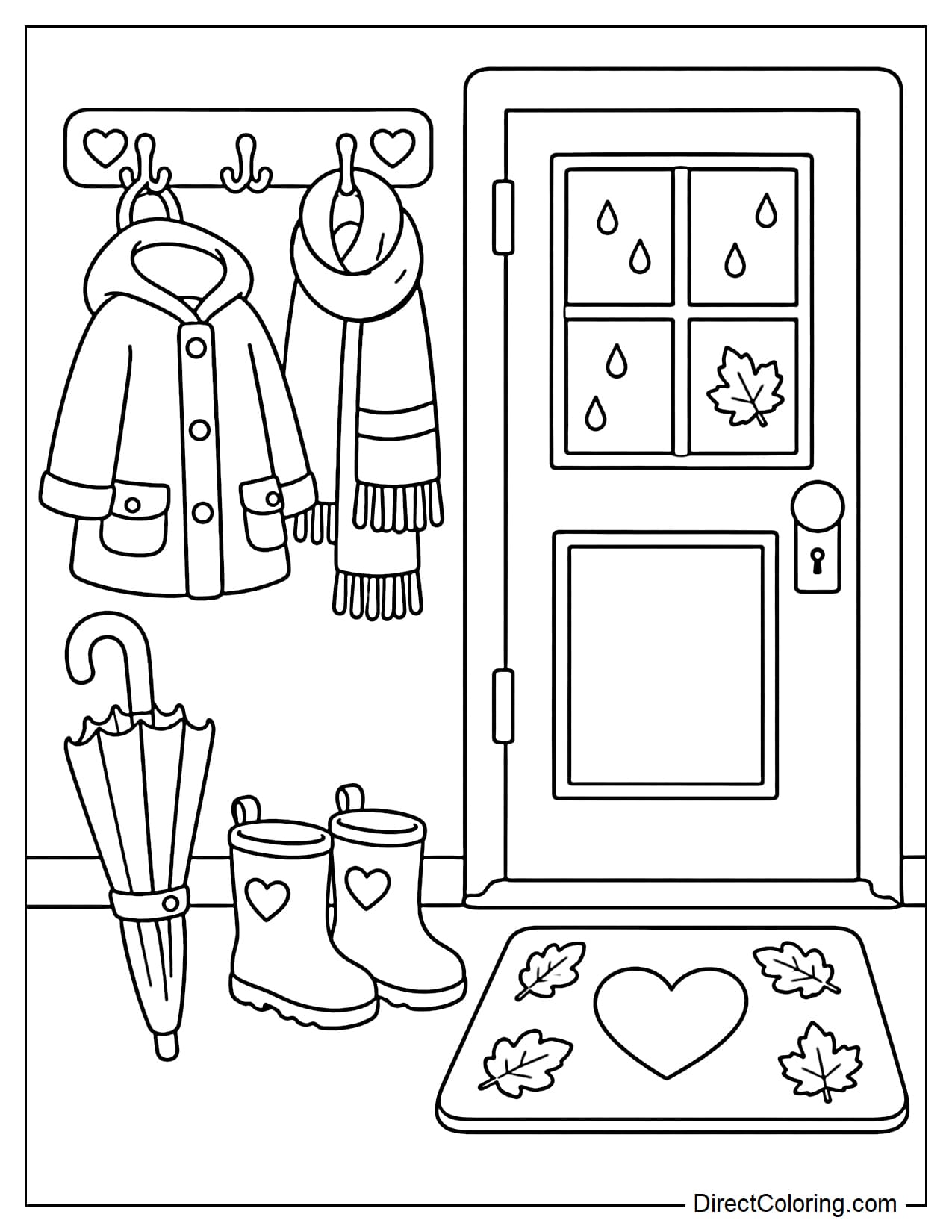 A small pair of boots sits neatly by the door, with a coat and scarf hanging above, while a folded umbrella and a small doormat rest nearby.