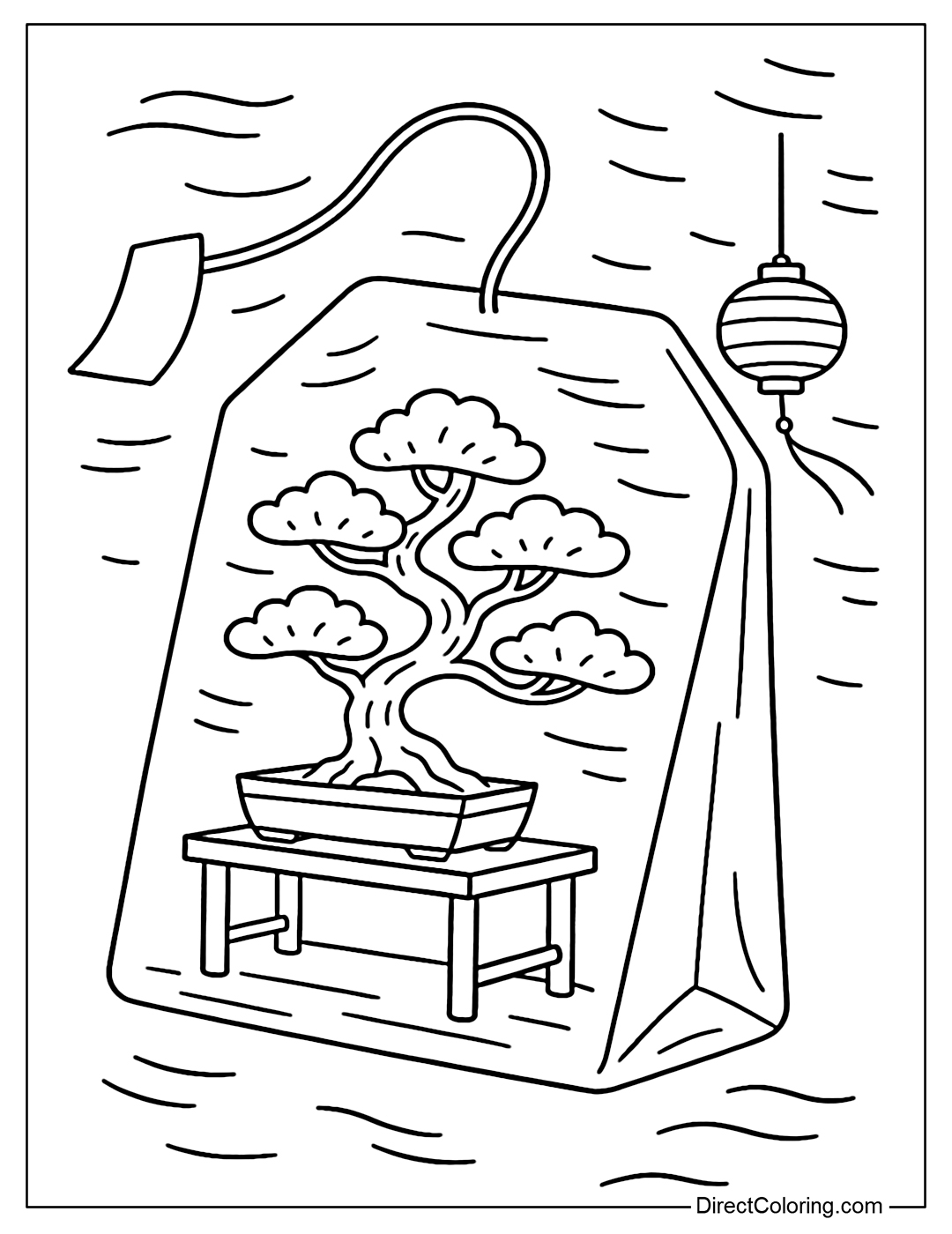 Tea bag coloring page with a bonsai tree on a wooden stand, wind blowing through paper wind chimes, and hanging lanterns.