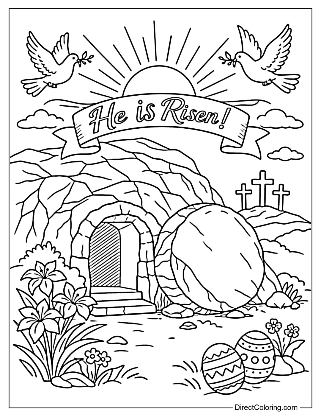 A coloring page of an empty tomb symbolizing the resurrection at Easter.