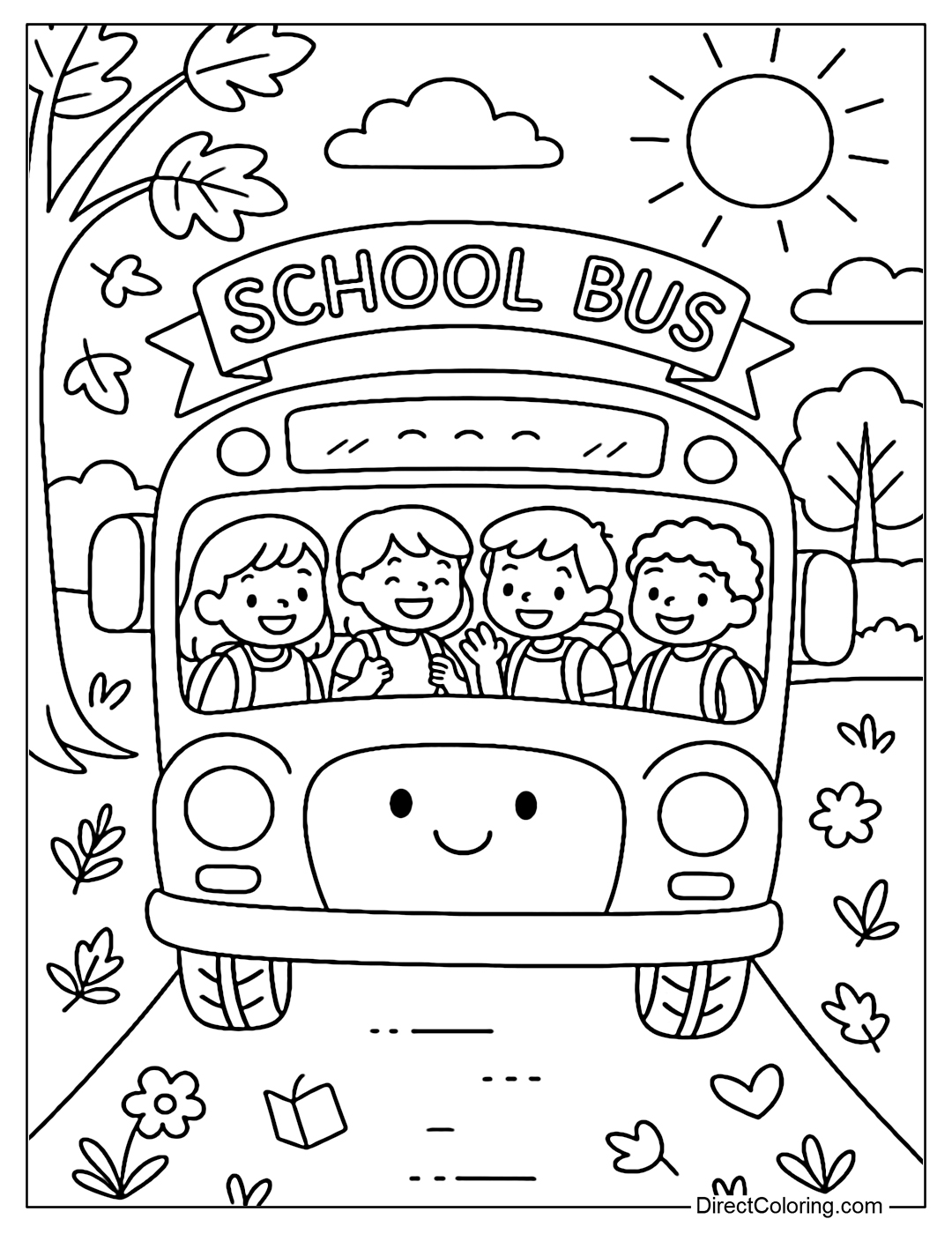 A coloring page of children laughing and talking brightly on the bus to school, outside is an early autumn morning scene.