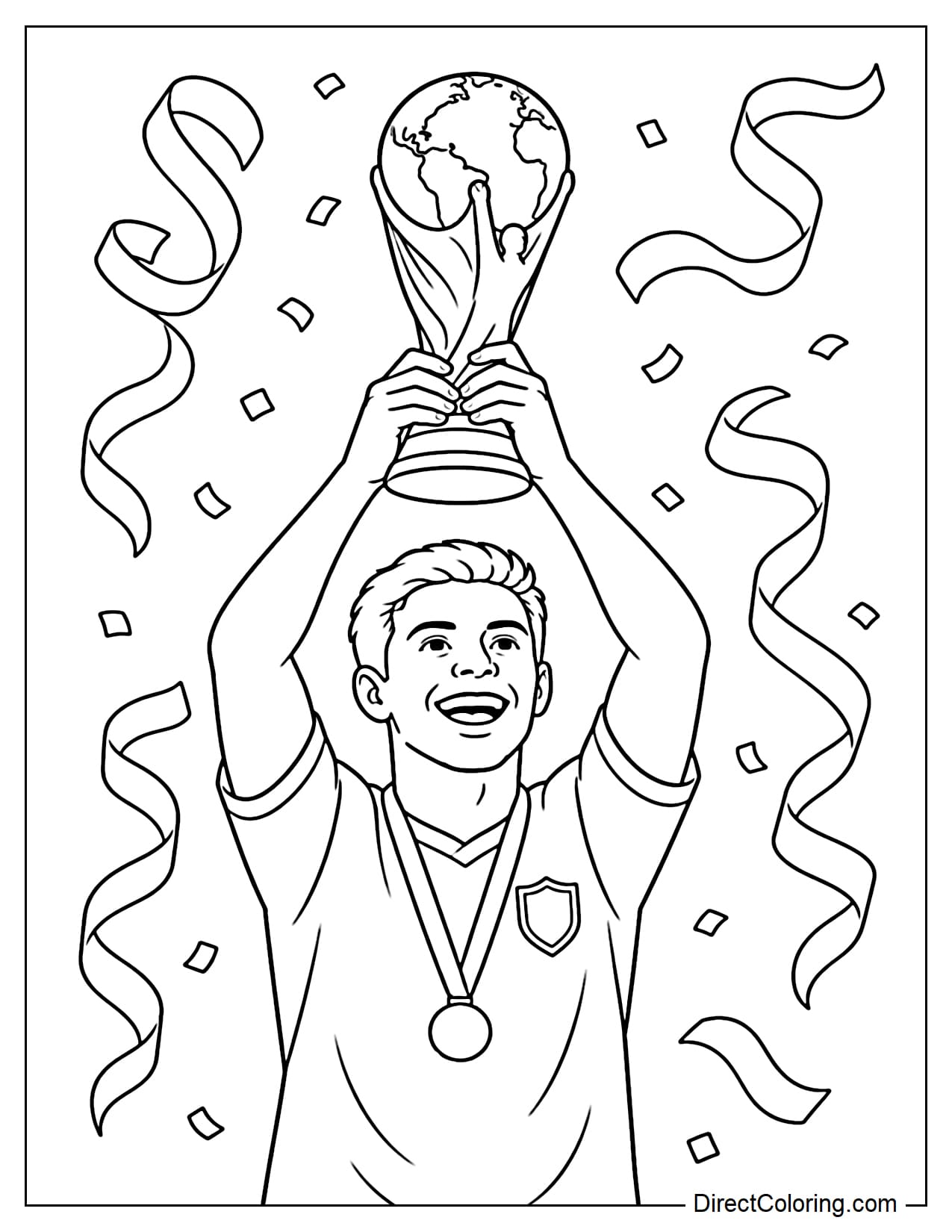 A player lifts the World Cup trophy above its head with victory ribbons fluttering around it.