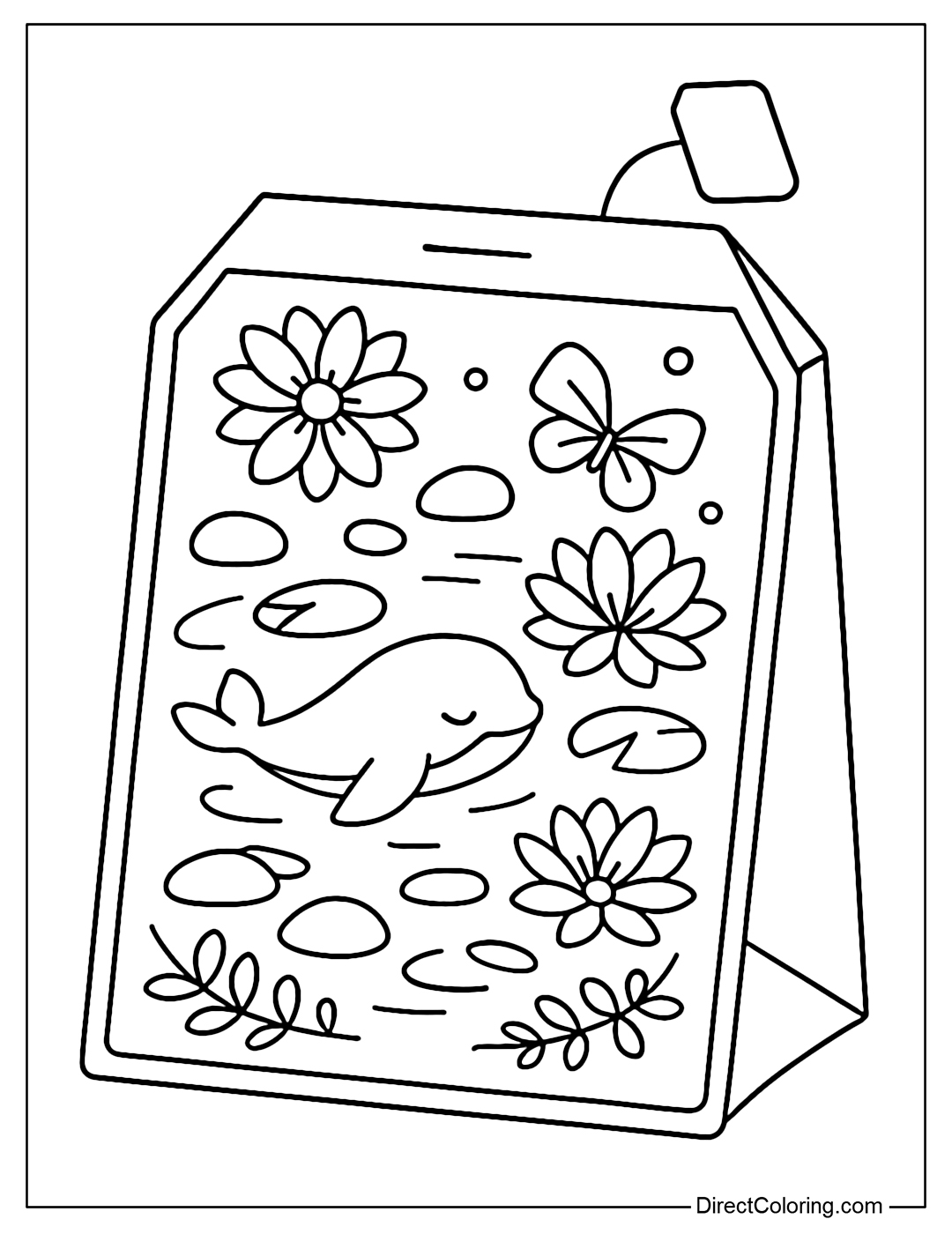 A tea bag coloring page with a tranquil koi pond, round rocks and lotus flowers surrounding it.