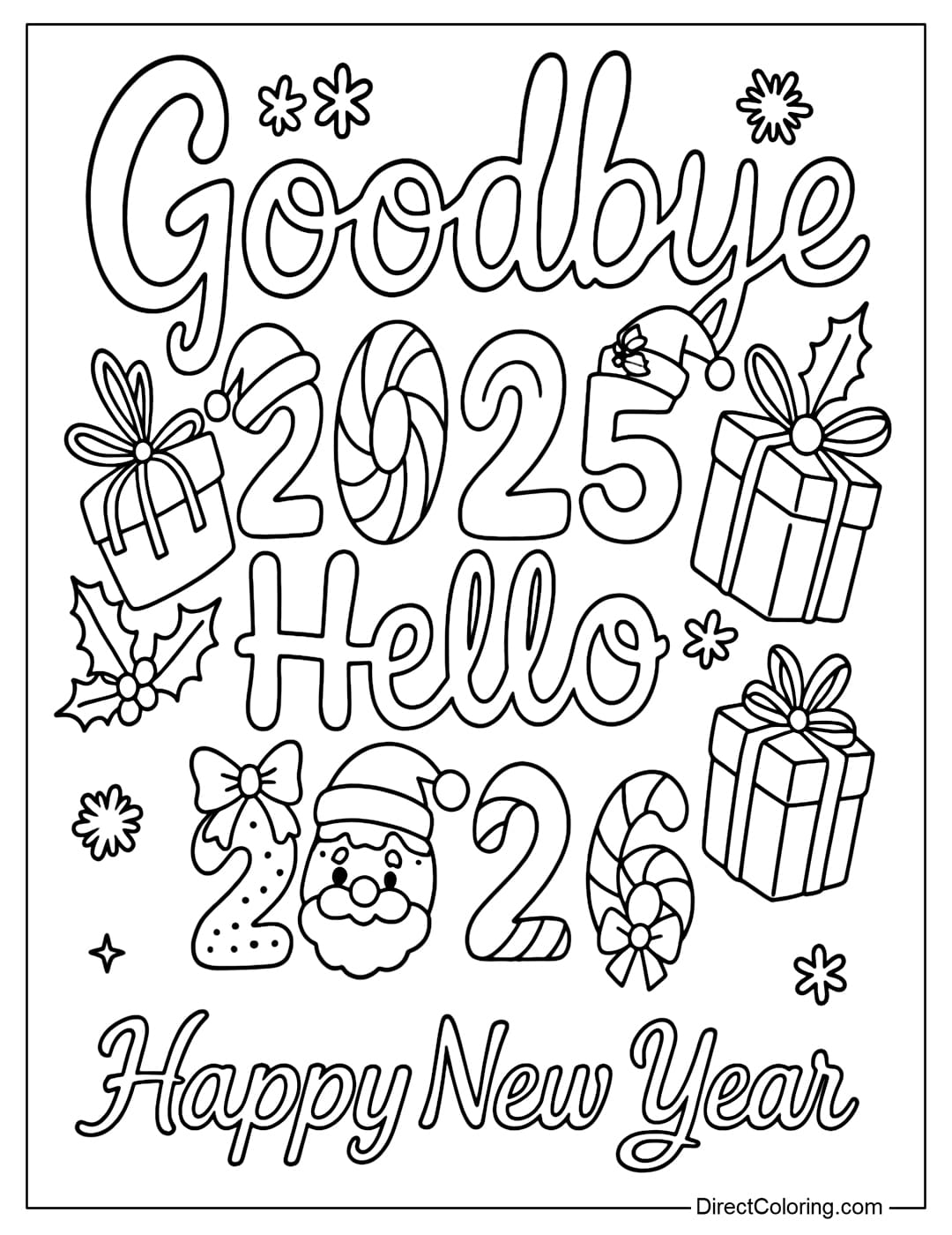 A coloring page with the New Year theme with the words 