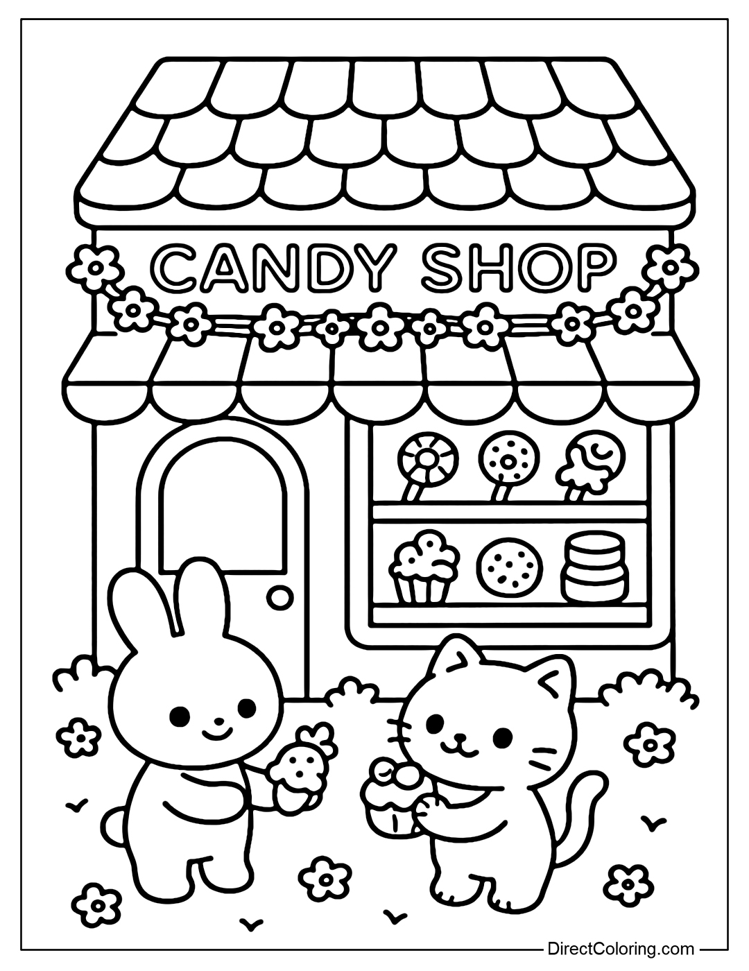 Candy House Bakery Coloring Page front view, entrance strewn with small flowers; rabbit & cat sharing candy; through the glass see hard candy, lollipop cookies, soft candy on the shelves.