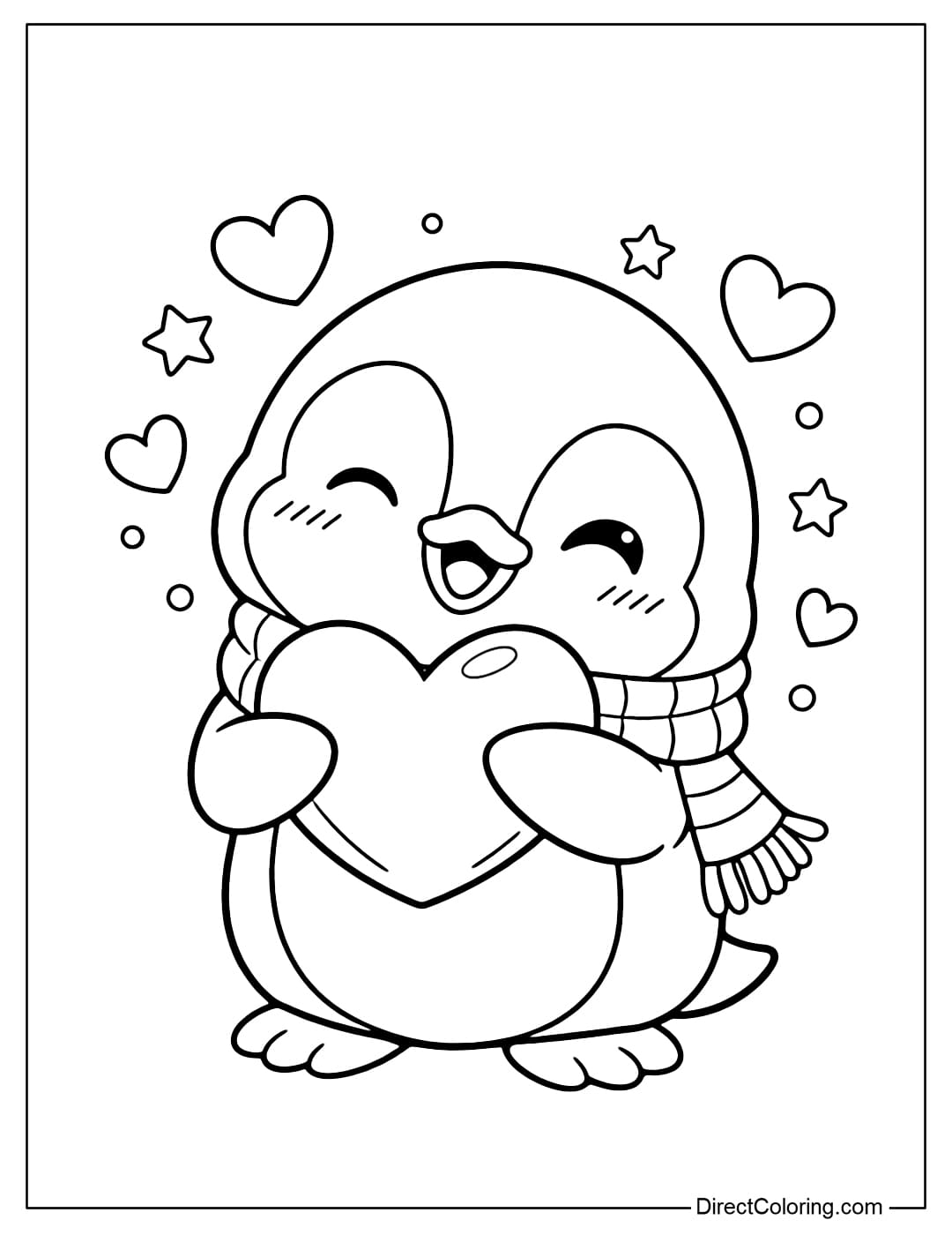 A coloring page of a little penguin wearing a scarf, holding a heart in its chest, with a funny expression.