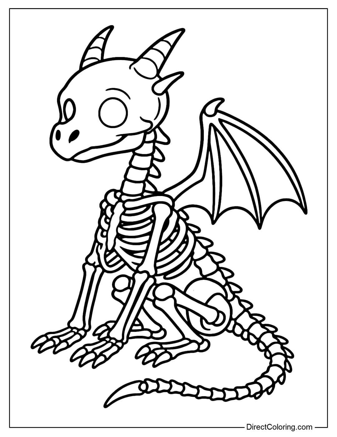 Coloring page of a small dragon skeleton, with skeletal wings, but a gentle expression like a pet.