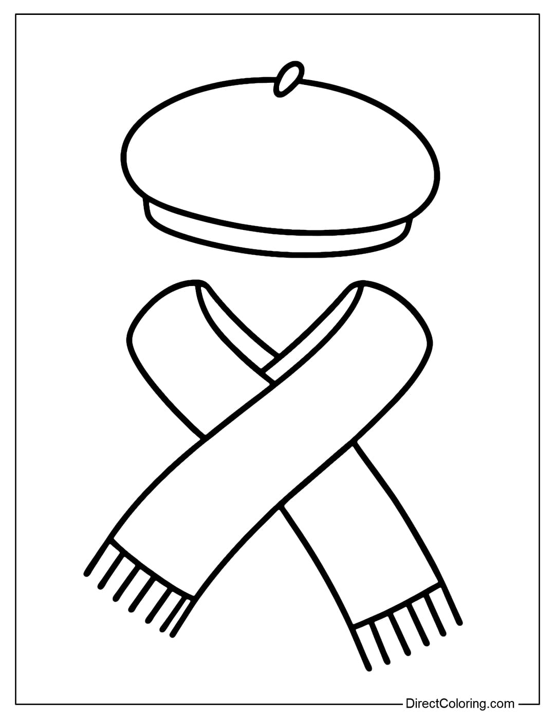 Cozy Hat and Scarf Coloring Page A color page for a beret and a long scarf placed crosswise.