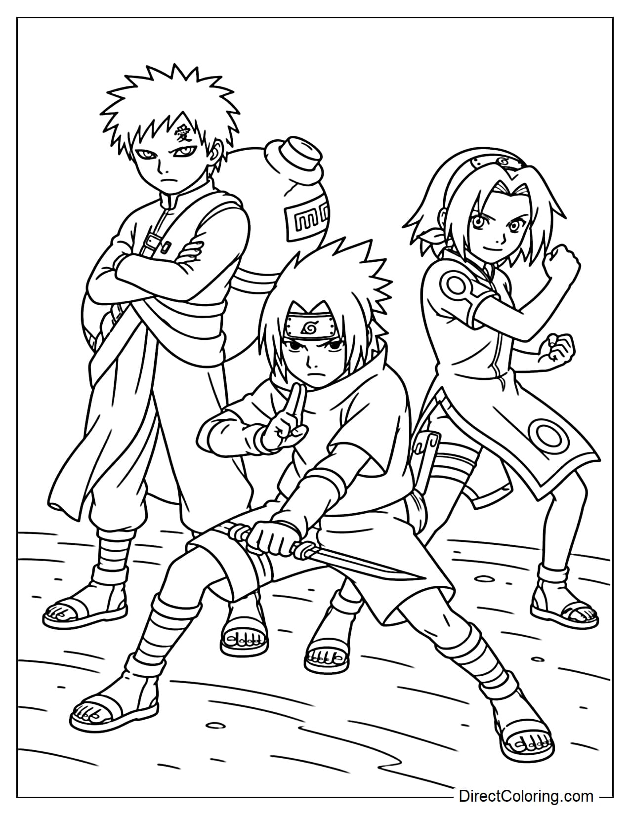 Gaara, Sasuke, and Sakura stand in ready stances, each in a simple pose.