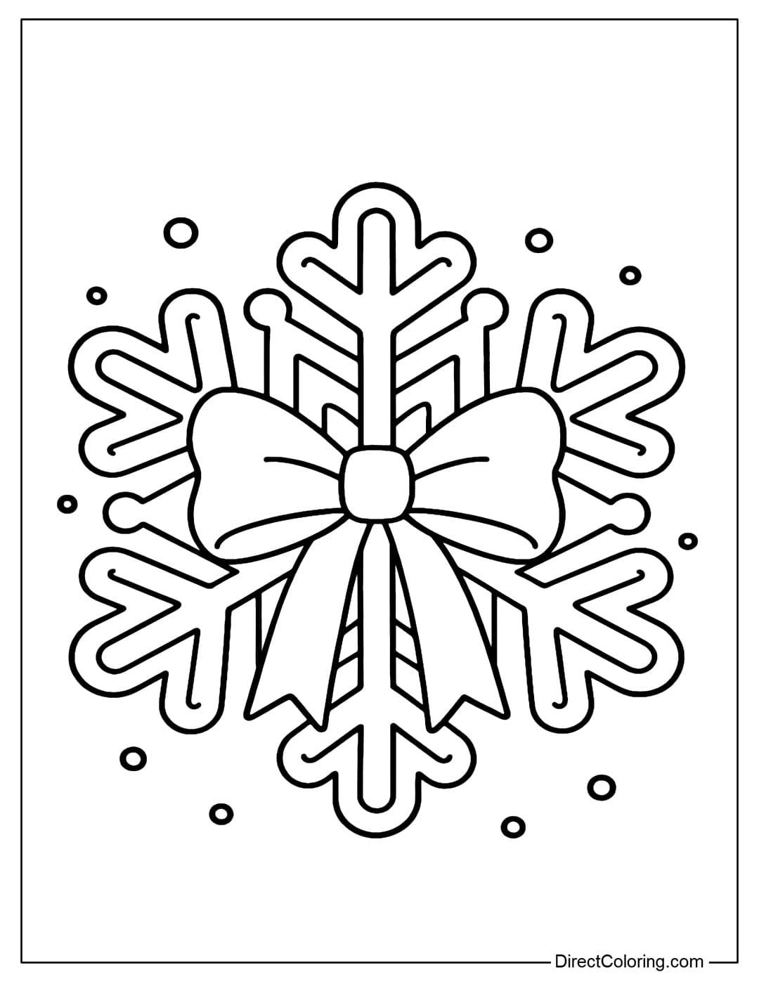 A coloring page of a snowflake with a large ribbon bow with two strands hanging down in the middle.