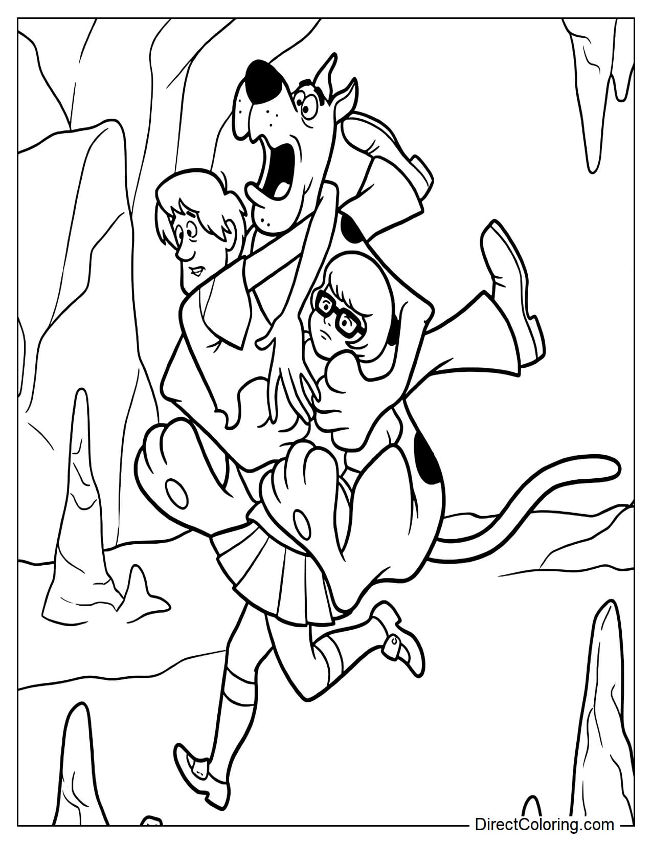 Scooby-Doo and Shaggy are holding tightly onto Velma while she runs through a cave. The characters have funny scared expressions during their mysterious adventure.