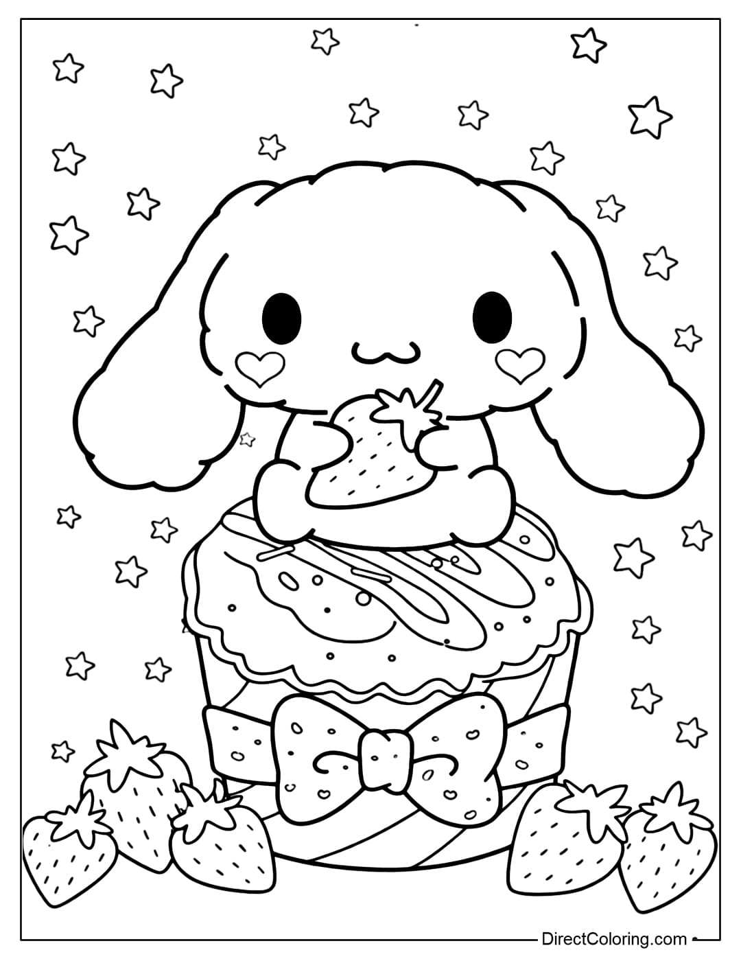A coloring page of Cinnamoroll sitting on a frosted cupcake, holding a strawberry, with a large bow and strawberry decorations underneath.