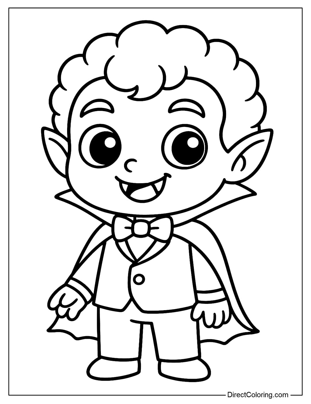 Kawaii Vampire Coloring Page Coloring page of a kawaii vampire with big round eyes, curly hair, and a mischievous smile.