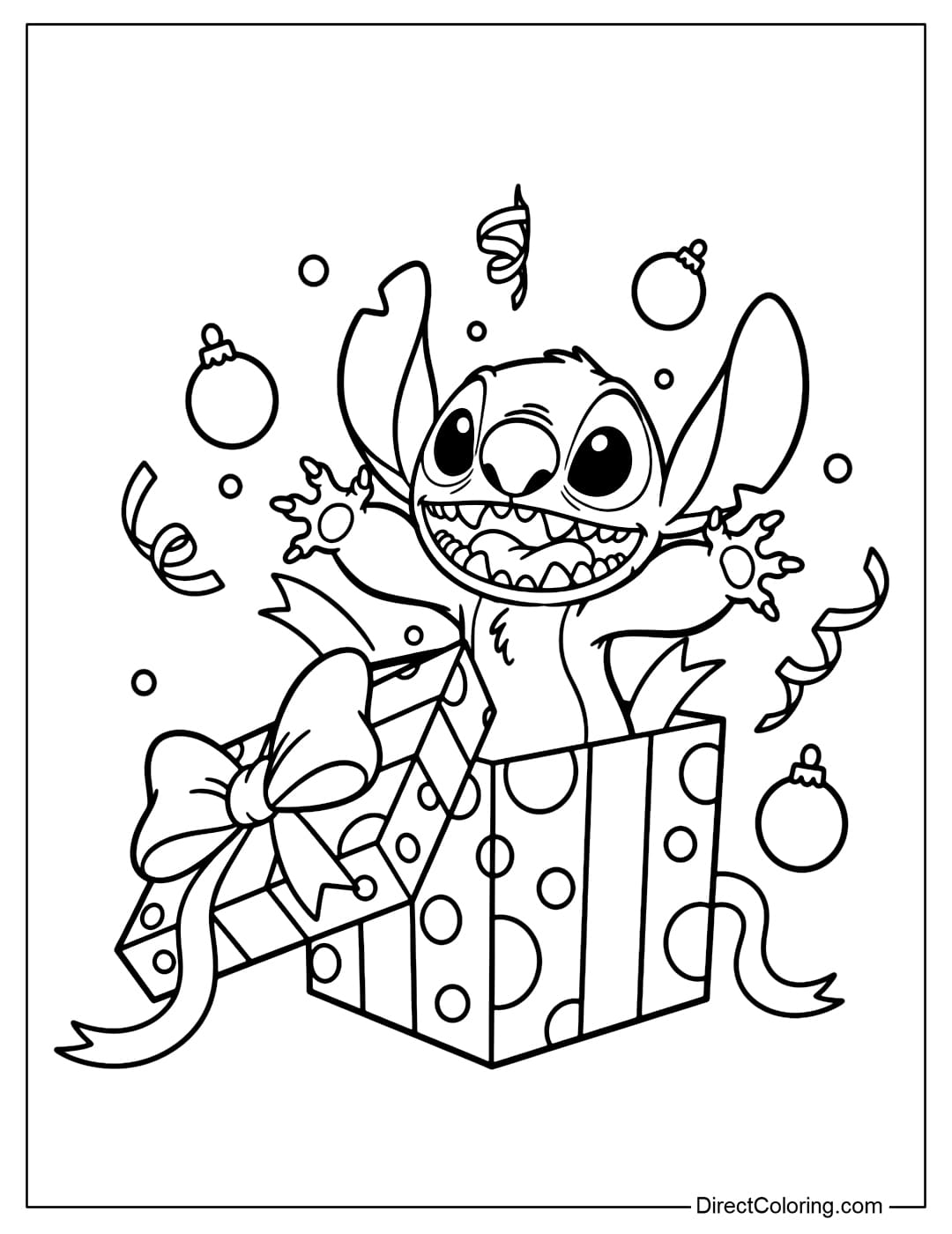 Coloring page Stitch popping out of the Christmas gift box, arms outstretched, ears perked up excitedly.