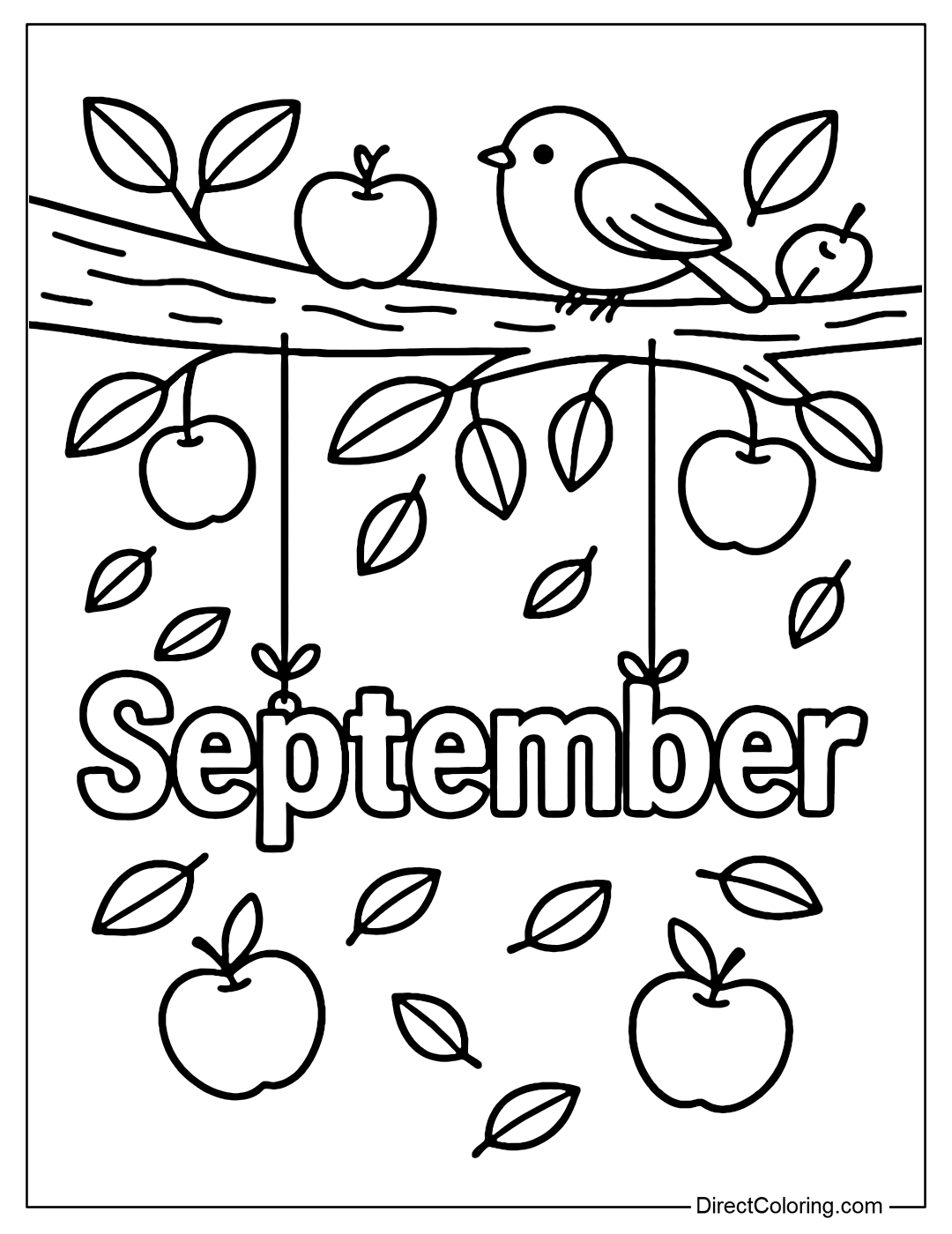 Coloring page for the word September is hung between apple tree branches, the word is tied with a string to the branch, around are a few apples, small leaves and sparrows sitting on the branch.