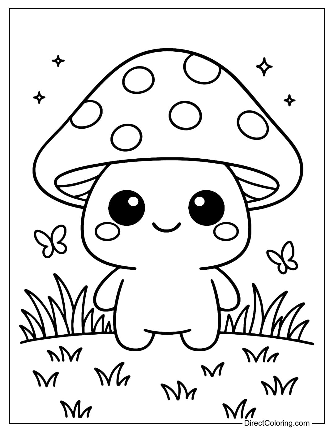 Cute Mushroom Sprite Coloring Page A chibi mushroom coloring page with big round eyes, rosy cheeks, standing in the middle of a green grass field.