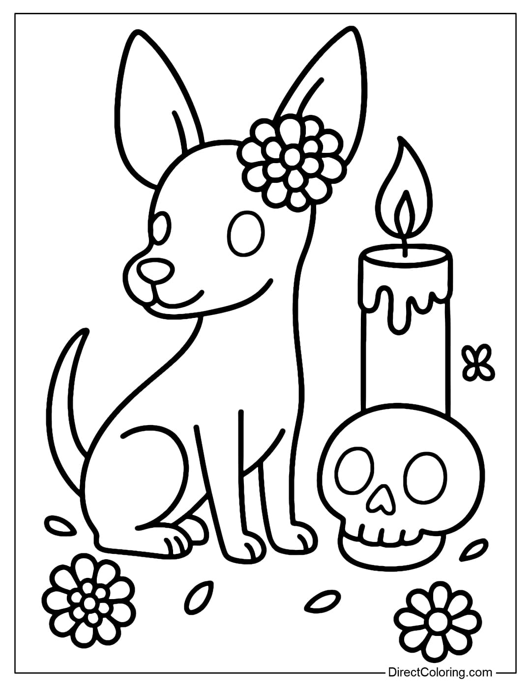 Coloring page of a little Xolo dog with flowers on its head, sitting next to a candle and a cute skull.