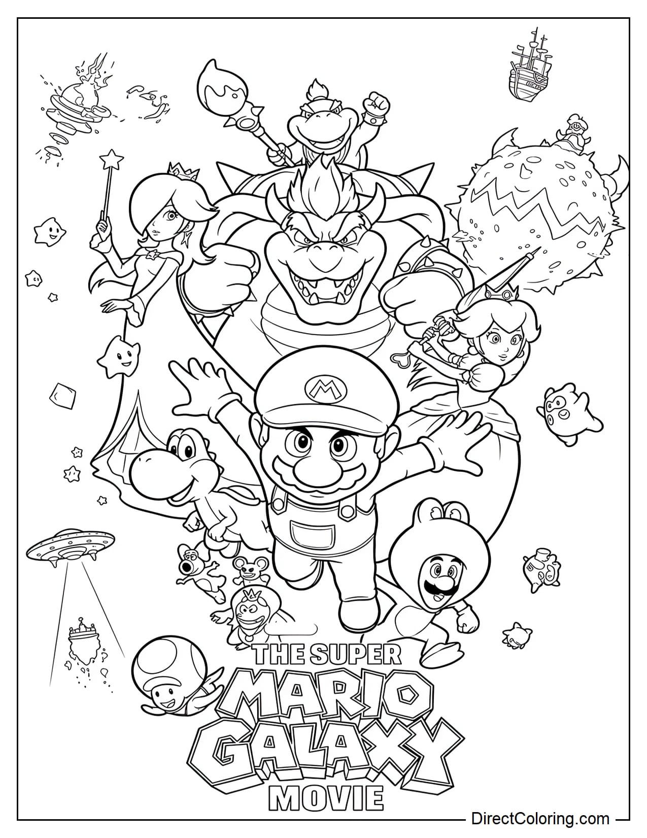 Mario leads a team of familiar characters, including Princess Peach, Rosalina, Luigi, Yoshi, and Toad, as they join forces to face Bowser and Bowser Jr. in The Super Mario Galaxy Movie.