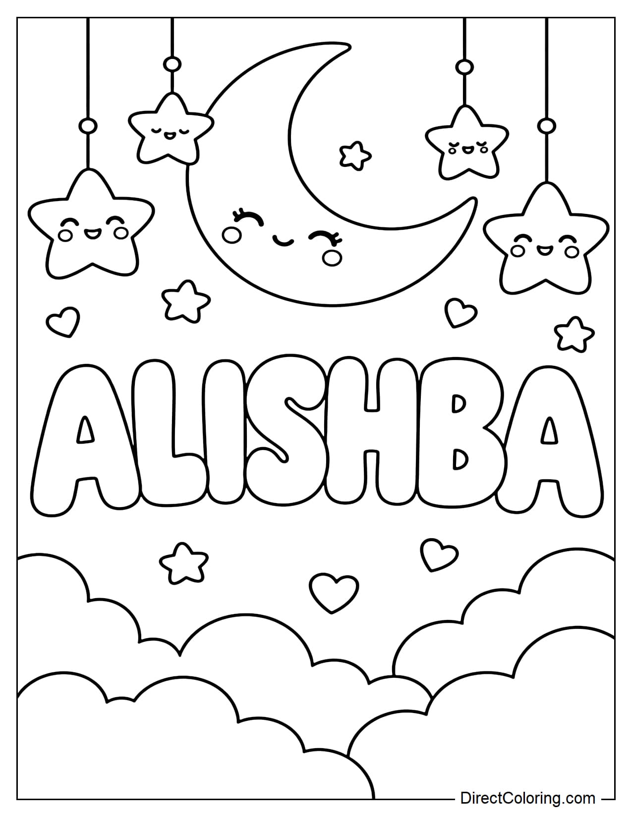 The name ALISHBA appears in large bubble letters, with a simple crescent moon above and a few rounded hanging stars around it.